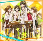  4girls ahoge bare_shoulders black_hair boots brown_hair detached_sleeves double_bun glasses hair_ornament hairband hairclip haruna_(kantai_collection) headgear hiei_(kantai_collection) japanese_clothes kantai_collection kirishima_(kantai_collection) kongou_(kantai_collection) long_hair multiple_girls noka_(blackheart1118) nontraditional_miko open_mouth personification pout ribbon-trimmed_sleeves ribbon_trim short_hair star tea tears thigh_boots thighhighs 