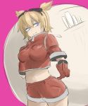  1girl bel_hydra blonde_hair blood_lad blue_eyes gloves goggles goggles_on_head highres midriff short_hair shorts smile v 