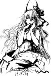  1girl dated ex-keine fancybetty hand_on_own_face hands_together horn_ribbon horns kamishirasawa_keine long_hair monochrome ribbon signature touhou 