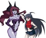  2girls ahoge black_hair black_sclera breasts bridal_gauntlets catfight cleavage cuts demon_horns fearless_night hair_down height_difference hell_princess horns injury leotard long_hair multiple_girls navel navel_cutout poco_muerte punching purple_skin redhead shining_dazzler skirt sleeveless sleeveless_turtleneck torn_clothes turtleneck yellow_eyes 