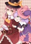  2girls bow brown_eyes dolce_(rune_factory) earrings gloves hat jewelry long_hair multiple_girls open_mouth pico_(rune_factory) pink_hair purple_hair rune_factory rune_factory_4 smile takuan_(takuan0907) white_gloves wink 
