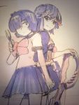  2girls artist_request back-to-back crossover expressionless hair_over_one_eye kill_la_kill matoi_ryuuko multicolored_hair multiple_girls nazo_no_kanojo_x school_uniform scissor_blade scissors serafuku short_hair sketch skirt smile streaked_hair urabe_mikoto 