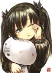  1girl absurdres black_hair blush child green_eyes hair_ribbon highres kotoba_noriaki long_hair original ribbon rubbing_eyes sleepy solo stuffed_toy tears twintails wink 