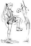  1girl 2013 alternate_costume alternate_hairstyle ball dated fancybetty fujiwara_no_mokou full_body hands_in_pockets kneehighs long_hair monochrome ponytail shorts side signature soccer soccer_ball touhou 