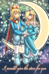  1boy 1girl bare_shoulders blonde_hair brooch cape couple crescent_moon crown dress earrings fenril-huayra hair_over_one_eye helio_(oc) husband_and_wife long_hair looking_at_another love original_character rosalina space stars super_mario super_mario_galaxy 