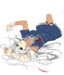  1girl anime_coloring arm_up blue_dress brown_eyes dress fancybetty kamishirasawa_keine long_hair lying mouth_hold no_hat on_back red_string short_sleeves solo string touhou white_background white_hair 