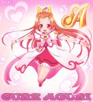  1girl bow brown_hair character_name choker coat cure_ace dokidoki!_precure hair_bow half_updo heart heart_background jumping long_hair madoka_aguri magical_girl outstretched_arms pink_background precure puffy_sleeves red_eyes shisui skirt smile solo spread_arms wrist_cuffs 