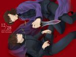  2boys absurdres azoth_knife brown_hair cross cross_necklace dated dual_persona fate_(series) highres jewelry knife kotomine_kirei mobu_(syuranatu) multiple_boys necklace older younger 