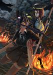  2girls abazu-red black_legwear blood breasts eyepatch fire glaive gloves hands headgear highres kantai_collection mechanical_halo mouth_hold multiple_girls night personification piggyback purple_hair school_uniform short_hair smile sword tatsuta_(kantai_collection) tenryuu_(kantai_collection) thighhighs violet_eyes weapon yellow_eyes 