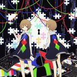  2girls binary black_eyes brown_hair color_bars envelope key long_dress looking_at_viewer looking_back multiple_girls original puzzle puzzle_piece silhouette super_normal 