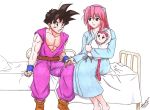  1boy 1girl baby black_hair crossover dragon_ball dragon_ball_z elfen_lied horns long_hair lucy monkey_tail muscle pink_hair short_hair smile son_gohan spiky_hair tail 