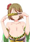 1girl bare_shoulders blush breasts brown_hair clearite cleavage covering_eyes fan folding_fan highres japanese_clothes koizumi_hanayo looking_at_viewer love_live!_school_idol_project short_hair smile solo violet_eyes 