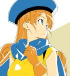  1girl alena bangs blue_eyes breasts cape dragon_quest dragon_quest_iv drill_hair gloves hat kurai_hisashi lighting long_hair looking_over_shoulder orange_hair short_sleeves solo two-tone_background yellow_shirt 