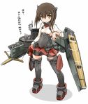  1girl bike_shorts blush bow_(weapon) brown_eyes brown_hair crossbow flat_chest headband headgear kantai_collection karukan_(monjya) looking_at_viewer open_mouth personification pleated_skirt short_hair skirt solo taihou_(kantai_collection) thighhighs translation_request weapon 