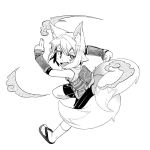  1girl animal_ears fox_ears fox_tail gauntlets geta japanese_clothes jingai_modoki kitsune_(mon-musu_quest!) mon-musu_quest! monochrome open_mouth smile smoke solo tail 