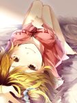  1girl blonde_hair kagerou_project kisaragi_momo long_hair looking_at_viewer lying recotasan side_ponytail solo yellow_eyes 