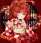  1girl apron bell blush checkered clothes_writing hair_bell hair_ornament japanese_clothes jingle_bell long_sleeves looking_at_viewer motoori_kosuzu open_mouth red_eyes redhead short_hair smile solo touhou twintails uranaishi_(miraura) wide_sleeves 