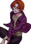  1boy black_eyes blood blood_on_face bracelet fate/zero fate_(series) haruno_(kanimeshi) jacket jewelry orange_hair purple_jacket solo uryuu_ryuunosuke 