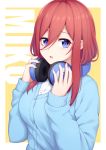  1girl absurdres background_text bangs blue_cardigan blue_eyes blush breasts character_name commentary_request eyebrows_visible_through_hair go-toubun_no_hanayome hair_between_eyes hands_up headphones headphones_around_neck highres long_hair long_sleeves looking_at_viewer medium_breasts nakano_miku ochiai_miyabi orange_background pink_hair shirt solo two-tone_background upper_body white_shirt 