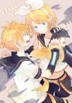  1boy 1girl aqua_eyes arm_warmers blonde_hair blush brother_and_sister bureax3000 eye_contact hair_ornament hair_ribbon hairclip headphones highres holding_hands kagamine_len kagamine_rin looking_at_another navel necktie open_mouth ribbon sailor_collar short_hair shorts siblings smile twins vocaloid 