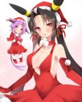  2girls animal_ears bare_shoulders black_hair blush breasts chibi choker christmas cleavage elbow_gloves espeon flying gloves hat highres long_hair multiple_girls personification pokemon purple_hair red_eyes santa_hat tail takeshima_(nia) twintails umbreon violet_eyes 
