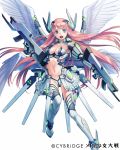  1girl blue_eyes boots breasts center_opening cleavage cleavage_cutout copyright_request dual_wielding elbow_gloves esukee gloves gun hair_ornament looking_at_viewer mechanical_wings navel original pink_hair smile solo thigh_boots thighhighs weapon white_legwear wings 