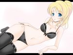  1girl :o arm_support ayase_eli blonde_hair blue_eyes bra breasts cleavage frapowa long_hair love_live!_school_idol_project lying navel on_side panties ponytail solo thighhighs underwear underwear_only 