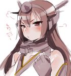  1girl bare_shoulders blush breasts brown_hair fingerless_gloves gloves hairband headgear kantai_collection long_hair looking_at_viewer nagato_(kantai_collection) nito_(siccarol) personification pout red_eyes solo translation_request 