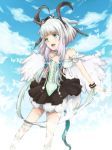  1girl :d blue_eyes blue_hair dragon_girl dragon_horns dress highres horns open_mouth otkmk rune_factory rune_factory_4 selzawill smile solo thighhighs twintails white_legwear 