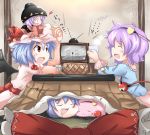  3girls basket bat_wings blouse blue_hair bowl crack cup drooling fang food fruit giving headband heart holding_cup indoors japanese_clothes kikurage_(sugi222) kimono komeiji_satori kotatsu looking_up mandarin_orange manzai mob_cap multiple_girls open_mouth orange_slice person_on_head purple_hair raised_hand reaching red_eyes remilia_scarlet sash short_hair short_sleeves skirt skirt_set sleeping stick_figure sukuna_shinmyoumaru sukusuku_hakutaku table television third_eye touhou wall wings yukkuri_shiteitte_ne 