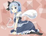  1girl alternate_costume alternate_hair_color arched_back arm_support blue_eyes blue_hair blush_stickers clenched_hand dress frilled_dress frills giren hairband kneehighs kneeling konpaku_youmu konpaku_youmu_(ghost) lolita_fashion lolita_hairband looking_at_viewer multicolored_background no_shoes open_mouth short_hair short_sleeves solo toe_socks touhou 