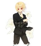  16_ban 1boy androgynous blonde_hair dated english flower formal hunter_x_hunter jewelry kurapika lily_(flower) male necktie red_eyes short_hair single_earring solo suit white_background 