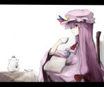  1girl book bow hair_bow hat hat_bow long_hair neko-hime_(neko-hime) patchouli_knowledge purple_hair solo tea_set touhou violet_eyes 