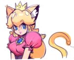  1girl animal_ears blonde_hair blue_eyes breasts bust cat_ears cat_tail colored crown dress gown kemonomimi_mode lips lipstick long_hair makeup princess_peach puckered_lips puffy_short_sleeves puffy_sleeves sho-n-d short_sleeves solo super_mario_bros. tail v_arms 