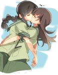  2girls black_hair blush braid brown_hair closed_eyes hug kantai_collection kiss kitakami_(kantai_collection) long_hair multiple_girls ooi_(kantai_collection) school_uniform seita serafuku skirt yuri 