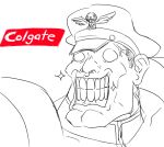  1boy bared_teeth grin hat matsu-sensei no_pupils peaked_cap product_placement sketch smile solo sparkle street_fighter vega 