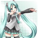  1girl aqua_eyes aqua_hair detached_sleeves hatsune_miku headset kk-sk-ray long_hair nail_polish necktie open_mouth outstretched_arm skirt solo thighhighs twintails very_long_hair vocaloid 