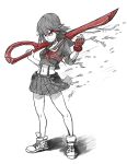  1girl highres kill_la_kill matoi_ryuuko midriff multicolored_hair navel over_shoulder ranh school_uniform scissor_blade senketsu serafuku shoes short_hair single_glove skirt sneakers solo spot_color standing streaked_hair suspenders weapon weapon_over_shoulder 