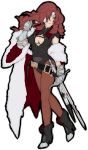  1girl ankle_boots beatrix belt boots breasts brown_eyes brown_hair brown_legwear cleavage cleavage_cutout eyepatch final_fantasy final_fantasy_ix fur_coat fusion gauntlets highres kirijou_mitsuru leotard pantyhose persona persona_4:_the_ultimate_in_mayonaka_arena puroburebu-dan red_eyes solo sword transparent_background weapon 