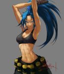  1girl abs armpits arms_up blue_eyes blue_hair breasts cleavage crop_top earrings explosive eyelashes gloves grenade jewelry king_of_fighters leona_heidern long_hair midriff ponytail signature solo spade-m sports_bra 
