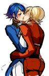  1boy 1girl ash_crimson blonde_hair blue_eyes blue_hair blush closed_eyes elisabeth_blanctorche king_of_fighters kiss muse_(rainforest) short_hair 