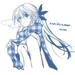  1girl alternate_hairstyle breath character_name checkered_scarf fancybetty kamishirasawa_keine long_hair lowres monochrome ponytail scarf touhou 