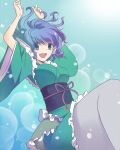  1girl arms_up blue_background blue_eyes blue_hair breasts bubble hayabusa_koi head_fins japanese_clothes kimono looking_at_viewer mermaid monster_girl obi open_mouth solo touhou underwater wakasagihime 