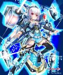  1girl ahoge akino_coto blue_eyes blue_hair blush boots copyright_name detached_sleeves empty_eyes highres jewelry mecha_musume mecha_shoujo_taisen_z ring short_hair skirt solo thigh_boots thighhighs 