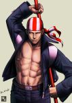 1boy abs bandana belt_buckle billy_kane blue_eyes dated highres king_of_fighters makeinu muscle navel open_clothes open_jacket shirtless staff unzipped 