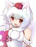  1girl animal_ears bare_shoulders detached_sleeves fang gradient gradient_background hat hayabusa_koi high_collar inubashiri_momiji looking_at_viewer open_mouth pom_pom_(clothes) red_eyes short_hair skirt smile solo tokin_hat touhou white_background white_hair wolf_ears 