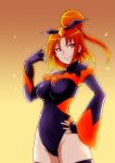  1girl alternate_costume bad_end_precure bad_end_sunny bakusai black_gloves black_legwear bodysuit boots breasts cleavage dark_persona diamond_(shape) earrings fingerless_gloves gloves gradient gradient_background hair_bun hair_ornament half_updo happy jewelry leotard looking_at_viewer magical_girl orange_background orange_eyes orange_hair precure short_hair smile smile_precure! solo standing thigh_boots thighhighs wings 