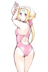  1girl ass blonde_hair breasts facial_mark fiona_(zoids) forehead_mark from_behind long_hair looking_back one-piece_swimsuit pink_eyes ponytail smile solo swimsuit ueyama_michirou zoids zoids_chaotic_century 