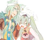  1boy 1girl animal_ears blush cheek_pull closed_eyes couple cravat fox_ears frey_(rune_factory) green_hair hima_ki jewelry leon_(rune_factory) long_hair open_mouth rune_factory rune_factory_4 sleeveless tiara twintails 