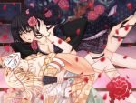  2girls black_clothes black_hair blonde_hair blue_eyes blush brown_eyes fan floating floral_print flower flower_on_head fox_mask hair_between_eyes hair_bun hand_on_another&#039;s_cheek hand_on_another&#039;s_face hand_on_another&#039;s_hip japanese_clothes jewelry kimono light_smile long_hair looking_at_another mask multiple_girls night open_mouth original petals star_(sky) willowonion window yellow_clothes yuri 
